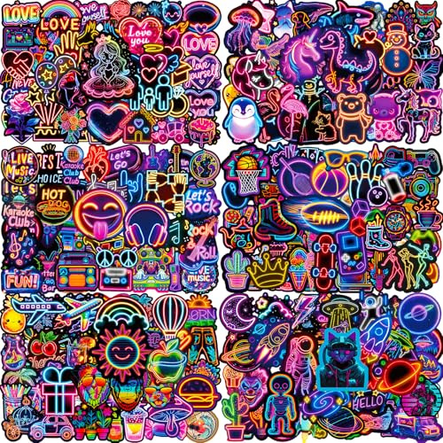 Aufkleber 300 Stück Sticker Set Neon Cool, Belohnungssticker Kinder, Wasserfeste Vinyl Sticker für Laptop, Scrapbooking, Journaling, Skateboard, Trinkflasche, Macbook, Tasse, Brotdose, Koffer usw