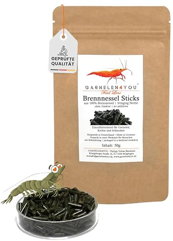 GARNELEN4YOU® Brennnessel Sticks – Premium Garnelenfutter aus 100% Brennnessel – pflanzliche Futter Pellets für Garnelen, Krebse & Schnecken – nachhaltige Verpackung – Made in Germany – 50 g