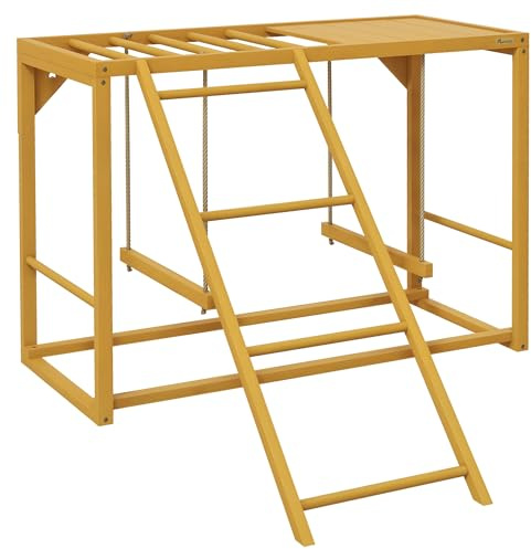 PawHut Hühner-Spielgerüst aus Holz, Spielplatz mit Schaukeln Leiter Plattform Sitzstange Klettergerüst Sitzstangen für Hühner, Hühnerstall für 3-4 Hühner Naturholz