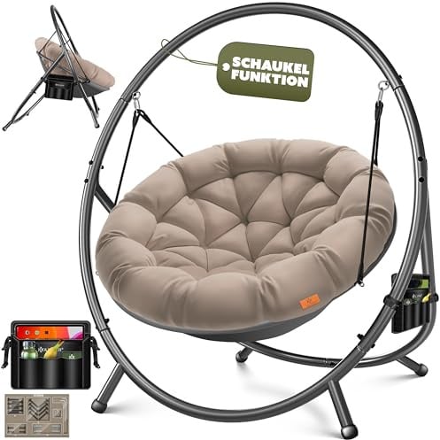 KESSER® Hängesessel mit Gestell Bali Hängeschaukel Hängestuhl bis 150kg für Indoor und Outdoor + Kissen & Seitentasche Hängekorb Stahlgestell & Schaumstoff Sitzpolster