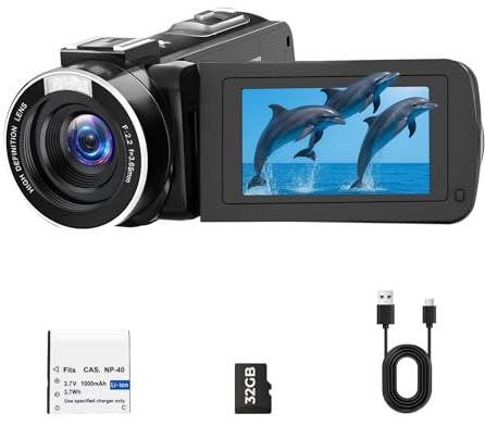 Camcorder Videokamera 2.7K Vlogging Kamera für YouTube 48MP 18X Digitalzoom Digital Camcorder mit LED-Fülllicht, 3 270° drehbarer Bildschirm Digitalkamera mit 32GB Karte & Akku