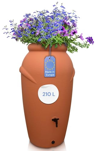 YourCasa Regentonne 210 Liter [Amphore Design] Regenfass Frostsicher aus Kunststoff - Regenwassertonne mit Wasserhahn - Regenwassertank Garten Regenwassersammler Wasserfass Wassertonne (Terracotta)