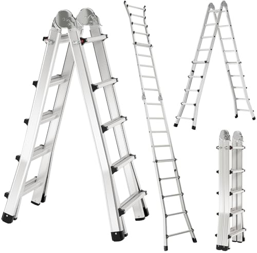 TLGREEN Alu Teleskopleiter 5x4 Stufen, 4.8M Ausziehbare Leiter, Aluminium Multifunktionsleiter, Schiebeleiter, Mehrzweckleiter, Gelenkleiter, Klappleiter, Treppenleiter, Anlegeleiter bis 150 kg