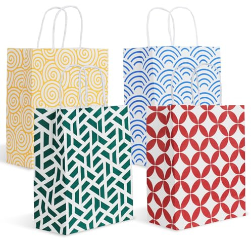 Parmedu Papiertüten-Set in 4 Farben: 24 Geschenktüten mit Griffen in Optimaler Größe 26 * 21,5 * 10CM, Verdickte Mitnahme-Tüten für Weihnachten, Feste, Geburtstage, Partys, Hochzeiten usw.