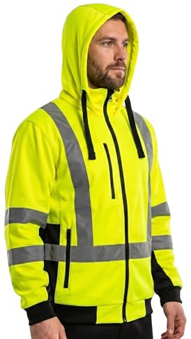 NEO TOOLS Herren Warme Arbeit Warnjacke mit Reflektierenden Streifen Gelb/Orange oder Set mit wasserdichte Hose, Gr. S(48)-XXL(56) | Kapuze, Stehkragen, Fleece, Pulli Berufsjacke Warnjacke Langarm