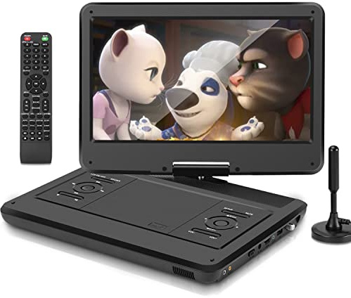 KCR 14-Zoll tragbarer TV/Tragbarer DVD-Player Combo mit HD LED-Drehbildschirm und DVB-T2 digitalem TV-Tuner/USB/HDMI/AV/Audio, eingebautem Akku, Zwei Stereo-Lautsprechern