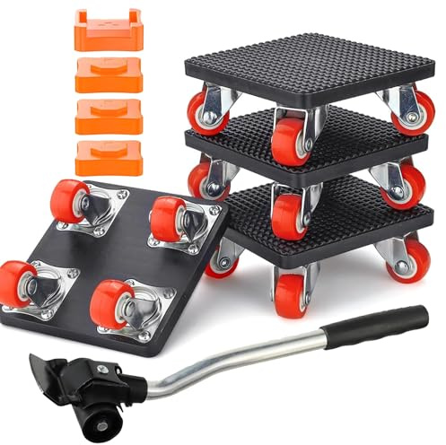 JUGGPENG 9-Teiliges Möbel Transportroller Set, Schwerer Möbelheber mit Verlängerungsstange und 4 Möbelroller, 360 Grad Drehbar Rads, 400kg Tragfähigkeit, Möbeltransporter Möbeltransportrollen