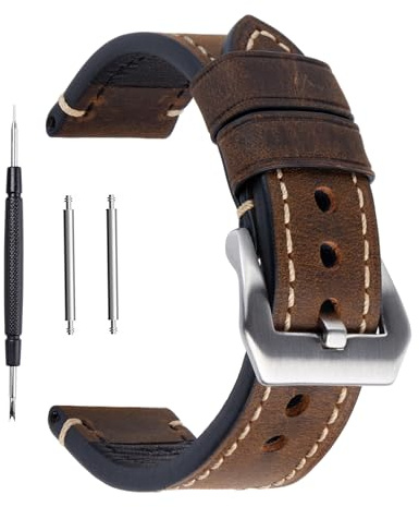 Ersatz-Uhrenband, echtes Leder, für Armbanduhr, Vintage-Stil, für Herren/Frauen, mit Edelstahlschnalle, schwarz/braun, 20 mm/22 mm/24 mm, dunkelbraun, 24 mm