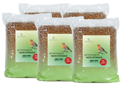 Blumixx Mehlwürmer getrocknet 5kg - natürliches Vogelfutter mit hohem Proteingehalt - ideal für Wildvögel, Hühner, Igel, Fische & Reptilien - Getrocknete Mehlwürmer für Garten, Terasse, Vogelhaus