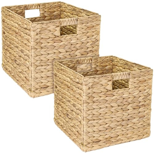 HMF Aufbewahrungskorb passend für KALLAX Regal, Korb geflochten aus Wasserhyazinthe mit Griffen | 2er Set | 32 x 34,5 x 32 cm | Natur