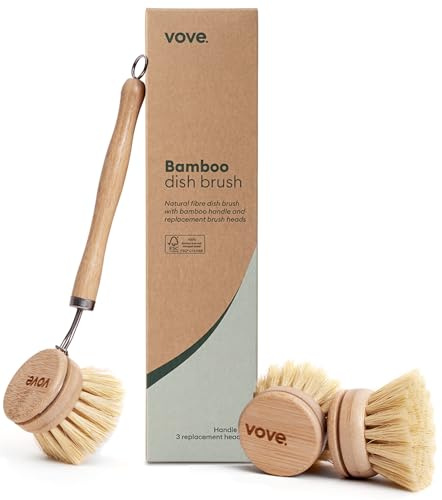 Vove Bambus-Spülbürste, FSC-Zertifiziert - mit 3 Ersatzköpfen - Naturfaser-Borsten, plastikfrei & schadstofffrei - für Töpfe, Pfannen & Geschirr