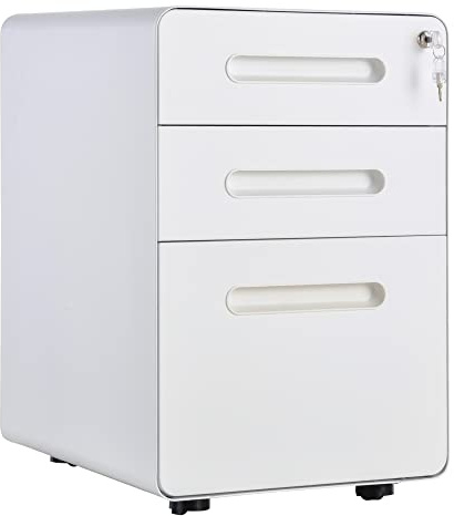Vinsetto Rollcontainer mit 3 Schubladen mobiler Aktenschrank mit Rollen abschließbar Büroschrank mit Hängeregistratur Stiftfach, Bürocontainer Schreibtisch Unterschrank für Büro 39x48x59cm Weiß