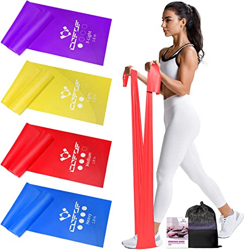 COFOF Fitnessbänder 4er-Set, 1.8M Gymnastikband mit 4 Widerstandsstufen, Fitnessband mit Tragetasche & Übungsanleitung Geliefert Ideal für Yoga, Pilates(Lila, Gelb, Rot, Blau)