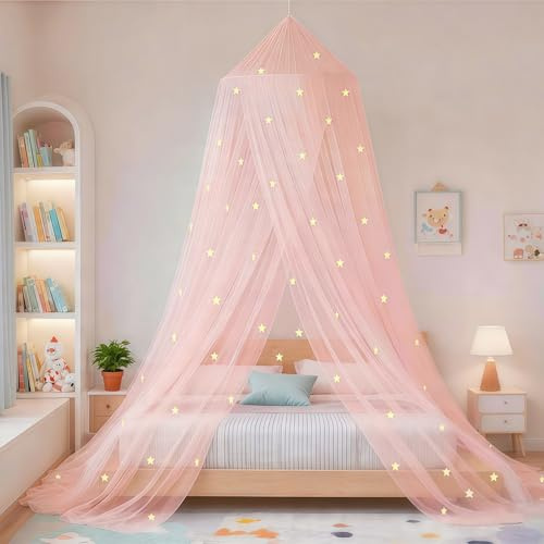 Eimilaly Sterne Betthimmel leuchtet im Dunkeln, Betthimmel für Mädchen Moskitonetz, Prinzessin Baldachin für Mädchen Bett Zimmer Dekoration, Pink
