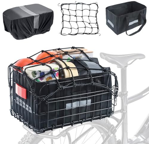 Wdmiya Fahrradkorb Hinten Fahrradkörbe Großer Faltbarer Fahrradkorb mit Gepäcknetz, tragbarem Innenfutter und wasserdichter Abdeckung Hundekorb Fahrrad Hinten für Pendler, Einkäufe, Kurzreisen