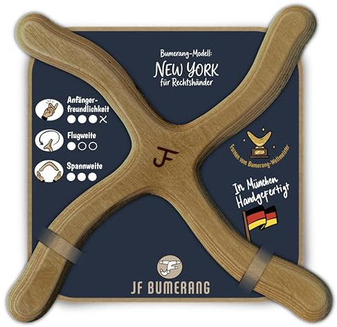 Bumerang New York | Anfänger | Boomerang ab 10 J. | Handgefertigt in DE | Premium Holz | Form vom Weltmeister | Verf. als Rechts- und Linkshänder