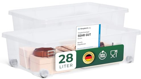 Novaliv 2x Unterbettkommode ohne Deckel 28L Aufbewahrungsbox transparente Nestbar stapelbare Rollkiste BPA-frei 59x39x16 cm