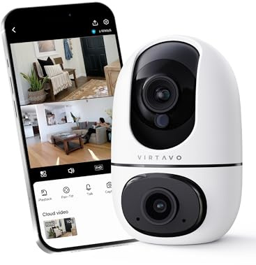 VIRTAVO XD1 WLAN Überwachungskamera Innen, Dual Kamera, ohne ABO | 2 Ansichten gleichzeitig, Smart Tracking, Farbnachtsicht, Zwei-Wege-Audio, 1080P, 2,4-GHz-WLAN