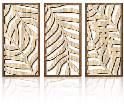 Rongxze Nordische Holzwandkunst-Set – 3 Blattmuster-Dekorationspaneele (40x20cm), wanddeko,wandbilder, Naturstil für Wohnzimmer/Schlafzimmer