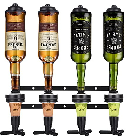 Bar Tool Set - Flaschenhalter und Dosierer aus Aluminium für 4 Flaschen | Flaschenhalter Wand,Schwarz, Bar Accessoire, Getränkespender, Cocktailbar, Schnapsspender