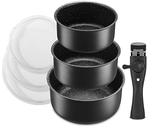 Fadware Töpfe Set mit abnehmbarem Griff, Kochtöpfe 16+18+20 cm und 3 Verschlussdeckel zur Aufbewahrung, Induktions Topfset Kochtopf Set für alle Herdarten, Antihaftbeschichtet, backofenfest