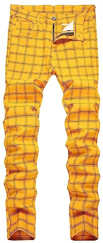 TENGINE Karierte Hose für Herren, Skinny Stretch, schmale Passform, Chino, Golf, Business-Kleid, Freizeithose, Gelber Karo, 50