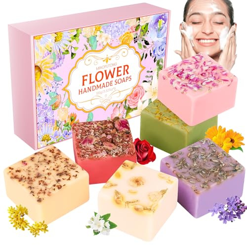 Naturseife Set für Gesicht & Körper, 6 Stück Handgemachte Seife mit Blumen, Duschseife Sanfte Reinigung, Hydrating & Pflege für Glatte Haut, Geschenk für Muttertag & Geburtstag für Frauen