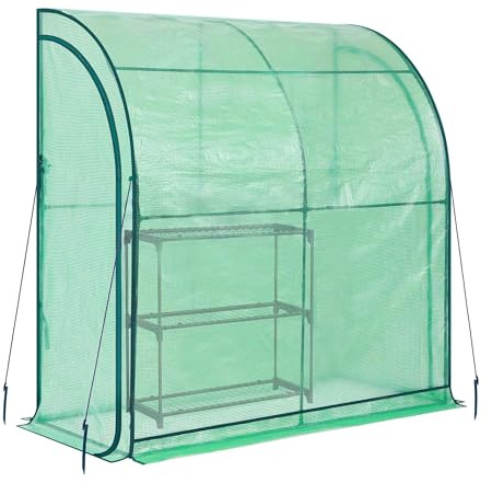 NATIV Anlehngewächshaus 200x215x100 cm, begehbares Foliengewächshaus, Treibhaus inklusive Pflanzregal, Tomatenhaus mit 2 Rolltüren, Gewächshaus aus robuster grüner Gewächshausfolie