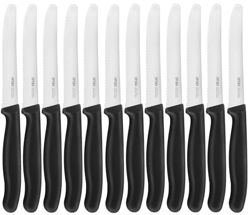 OPOLIA 12 Stück Brötchenmesser, schwarz,Wellenschliff Tomatenmesser，Hochwertiger Rostfreier Stahl Frühstücksmesser，Sehr scharfes Tafelmesser,Spülmaschinenfest.