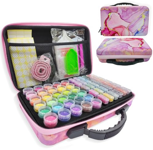 Rigute 60 Dosen Diamond Painting Zubehör Boxen, mit 60 Fächer Diamond Painting Organizer(2 Arten von Flaschen), Werkzeug Set mit Stift für Malerei Handwerk für Perlen, Strass, Steine Rosa