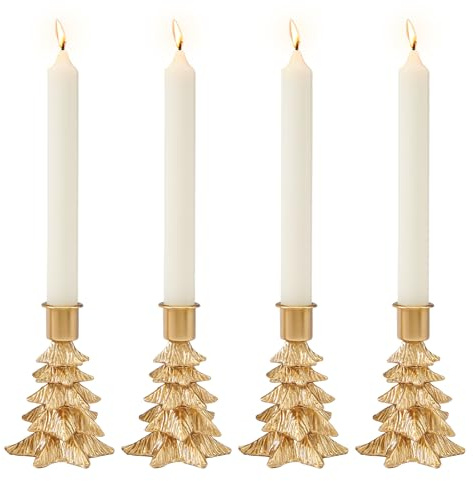 DN DECONATION Weihnachtsbaum Kerzenhalter Set 4 Stück – Goldene Stabkerzenhalter aus Resin & Metall, Christbaum Kerzenständer für Tischdeko Weihnachten, Adventskranz Ständer & Wohnungsdekoration
