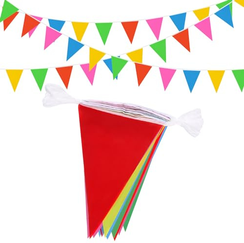 50 m/164 Fuß mehrfarbige Wimpelkette, 100 Stück dreieckige Stoffbanner für Innen- und Außendekorationen für Geburtstage, Babypartys, Hochzeiten, Gärten und Partys