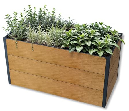 Metzler Hochbeet für den Garten – Stahl in Holzoptik & Anthrazit | Witterungsbeständiges Metall-Gartenbeet, Pflanzenbeet, Blumenhochbeet | 150 x 75 x 77 cm