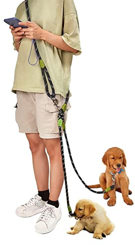 Doppelte Hundeleine, 260 cm, reflektierende freihändige Leine für zwei Hunde, große, mittlere und kleine Hunde beim Gassigehen, 360° ohne Verheddern, Schwarz
