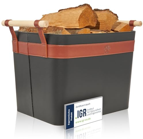 OAKAGE® Holzkorb für Kaminholz Groß aus veganem Leder Kaminholzkorb Feuerholzkorb Brennholzkorb Kaminkorb | Korb Single