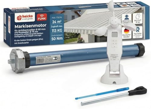 Markisenmotor Funk Set (bis 24 m²), Wind- & Sonnensensor + Fernbedienung | – IP44 – für Gelenkarm-, Kassetten- & Fallarmmarkisen