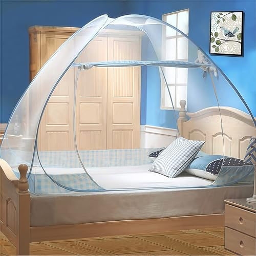 Digead Faltbares Pop-up Moskitonetz für Bett, 100×200 cm Einzeltür Design, Tragbares Reise moskitonetz, Ideal für Zuhause, Reisen & Camping - Blauer Rand