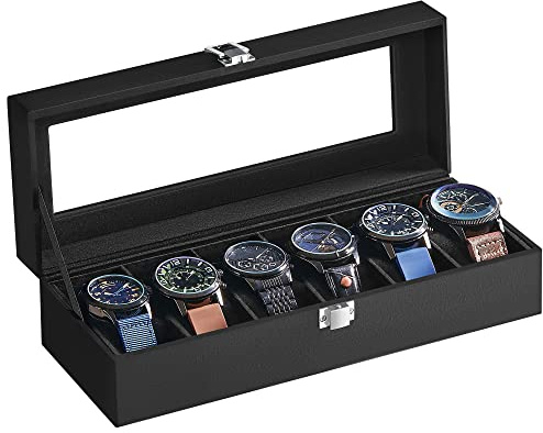 SONGMICS Uhrenbox mit 6 Fächern, Uhrenbox, Schatulle, Glasdeckel, abnehmbare Polster, Schloss aus Metall, schwarz beschichtet und Futter in Schwarz JWB06B01