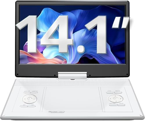 YOTON 16,9" Tragbarer DVD-Player mit 14,1" HD-Schwenkbildschirm für das Auto, 4-6 Stunden Wiedergabedauer mit Akku, intelligente Speicherwiedergabe, USB/SD-Unterstützung (Weiß)