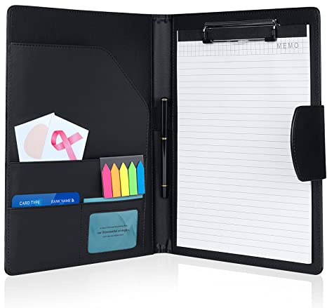 Agoer Leder Klemm Brett Mappe DIN-A4, Dokumententasche Klemmbrett Schreibmappe mit Magnet-Verschluss mit Papier und Stift,Markerstickern, Schwarz