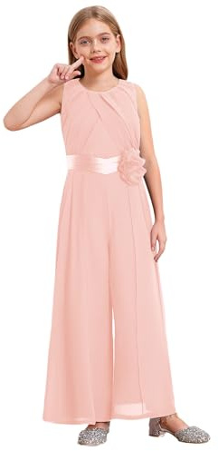 FEESHOW Mädchen Jumpsuit Festlich Overall ärmellos Mit Gürtel Elegant Plissee Weite Beine Hose für Hochzeit Abend Rosa 158-164