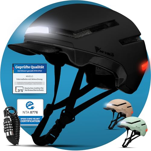 MIVELO Fahrradhelm Herren Damen mit Licht vorne & hinten, NTA zertifiziert bis 45km/h, Unisex, Schwarz, Größe M (54-58,5 cm)