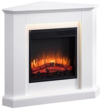 BALDERIA Candela Elektrokamin, Weiß | Elektrischer Eckkamin mit 3D-Flammeneffekt, Elektro Heizung 2000W, LED-Beleuchtung, Fernbedienung, Timer & Thermostat