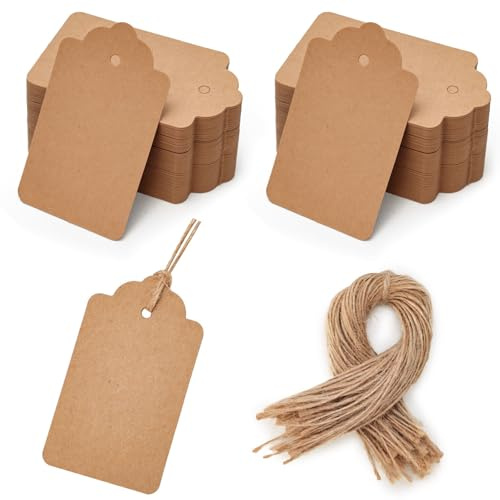 HAKACC 200 Stück Geschenkanhänger Braun, 4x7cm Kraftpapier Etiketten mit Juteschnur für Weihnachtsgeschenke, Geschenkverpackung, Hochzeit, Geburtstag und DIY Basteln
