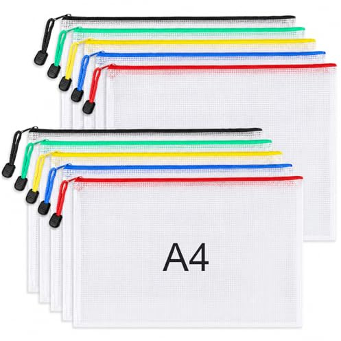 Crhoeiq Dokumententasche A4, 10 Stücke Dokumententaschen mit Reißverschluss, Wasserdichte Reißverschlusstaschen Mesh Beutel für Datei, Papier, Dokumente, Kosmetika und Reiseutensilien