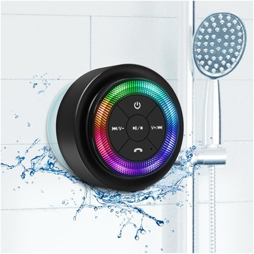Xleader Mate Dusche Bluetooth Lautsprecher klein, Zertifiziert IPX7 Wasserdicht Bluetoothbox, Mini Music Box Lautsprecher Mit Licht, Saugnapf und Mikrofon, Kristall Sound und Bass, Musikbox Geschenk