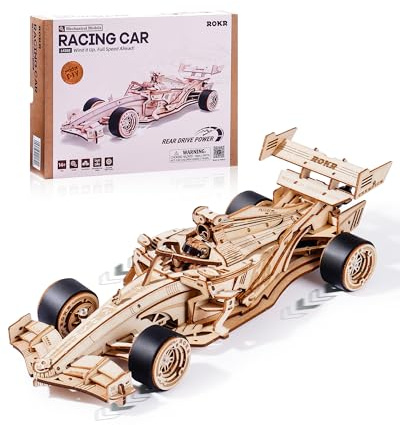 ROKR 3D Puzzle Holz Rennwagen Modellbausatz Erwachsene Mechanische, LK505 | Getriebemodelle 3D Holzpuzzle DIY Geschenke für Männer Frauen Rennwagen, Racing Car