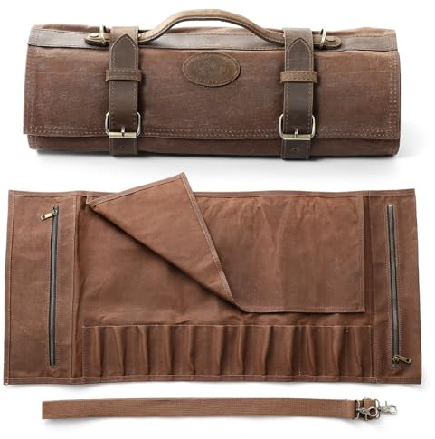 XINZUO Messertasche 16oz gewachstes Segeltuch und Crazy Horse Leder | 12 Schlitzen, Profi Kochmesser Koffer, können Küchenwerkzeuge halten, tragbare Messer -Werkzeugtasche Rolltasche(nur Tasche)