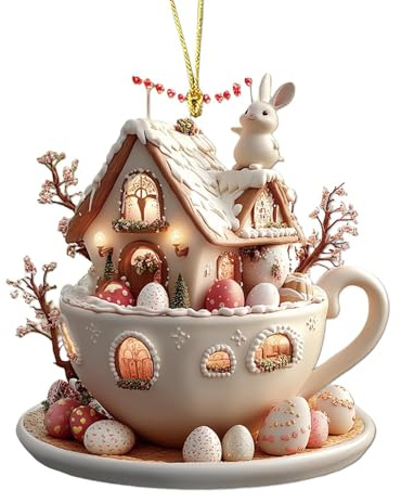 -Dekorationen zum Aufhängen, Kaffeetassen-Haus, Osterei, hängende Dekoration, 2D-Acryl, flach, hängende Dekoration, Osterschmuck für Baumschmuck