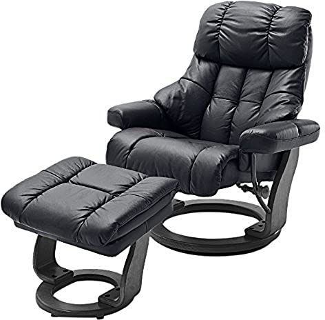 Robas Lund Relaxsessel Calgary XXL mit Hocker, bis 180 kg belastbar, Echtleder schwarz, Gestell Holz schwarz, ‎64038SX5